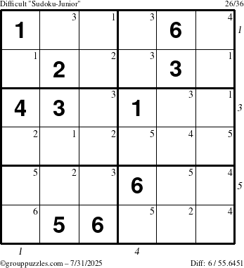 The grouppuzzles.com Difficult Sudoku-Junior puzzle for Thursday July 31, 2025 with all 6 steps marked