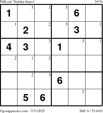 The grouppuzzles.com Difficult Sudoku-Junior puzzle for Thursday July 31, 2025 with the first 3 steps marked