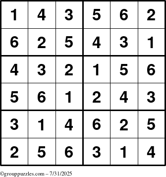 The grouppuzzles.com Answer grid for the Sudoku-Junior puzzle for Thursday July 31, 2025