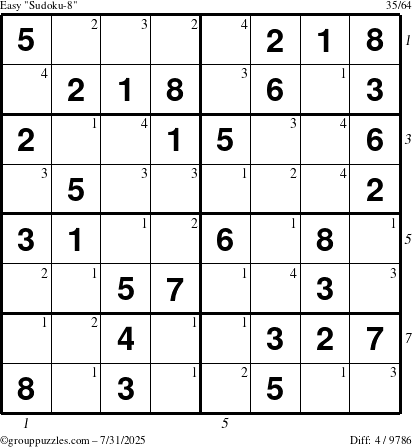 The grouppuzzles.com Easy Sudoku-8 puzzle for Thursday July 31, 2025 with all 4 steps marked