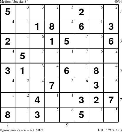 The grouppuzzles.com Medium Sudoku-8 puzzle for Thursday July 31, 2025 with all 7 steps marked