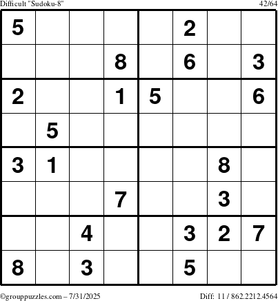 The grouppuzzles.com Difficult Sudoku-8 puzzle for Thursday July 31, 2025