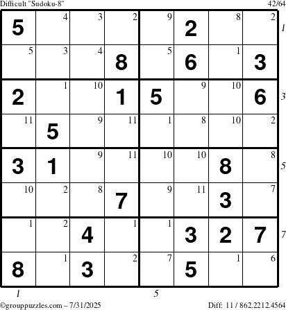 The grouppuzzles.com Difficult Sudoku-8 puzzle for Thursday July 31, 2025 with all 11 steps marked