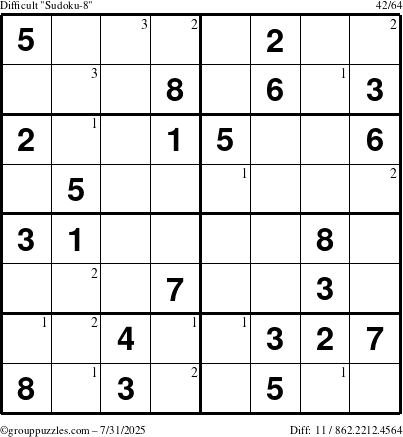 The grouppuzzles.com Difficult Sudoku-8 puzzle for Thursday July 31, 2025 with the first 3 steps marked