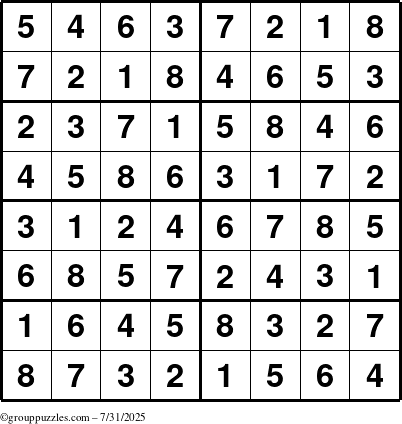 The grouppuzzles.com Answer grid for the Sudoku-8 puzzle for Thursday July 31, 2025