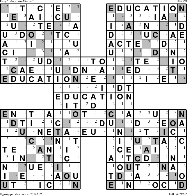 The grouppuzzles.com Easy Education-Xtreme puzzle for Thursday July 31, 2025 with the first 3 steps marked