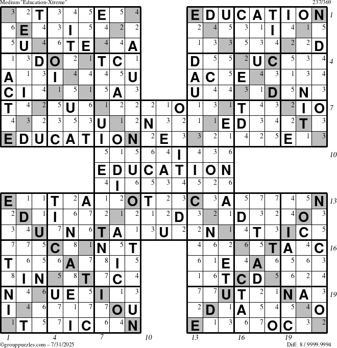 The grouppuzzles.com Medium Education-Xtreme puzzle for Thursday July 31, 2025 with all 8 steps marked