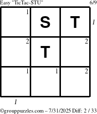 The grouppuzzles.com Easy TicTac-STU puzzle for Thursday July 31, 2025 with all 2 steps marked