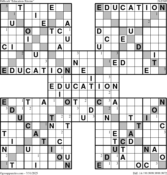 The grouppuzzles.com Difficult Education-Xtreme puzzle for Thursday July 31, 2025 with the first 3 steps marked