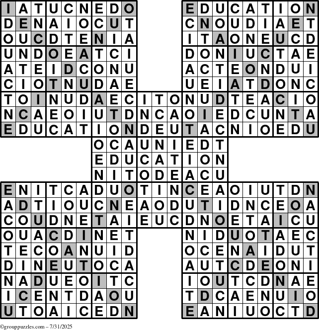 The grouppuzzles.com Answer grid for the Education-Xtreme puzzle for Thursday July 31, 2025