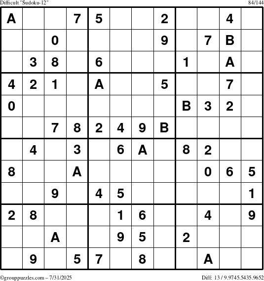 The grouppuzzles.com Difficult Sudoku-12 puzzle for Thursday July 31, 2025