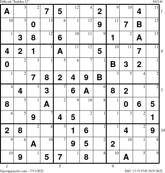 The grouppuzzles.com Difficult Sudoku-12 puzzle for Thursday July 31, 2025 with all 13 steps marked