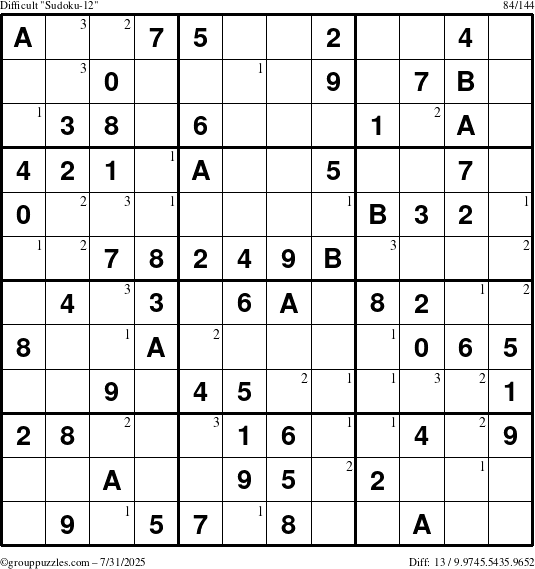 The grouppuzzles.com Difficult Sudoku-12 puzzle for Thursday July 31, 2025 with the first 3 steps marked