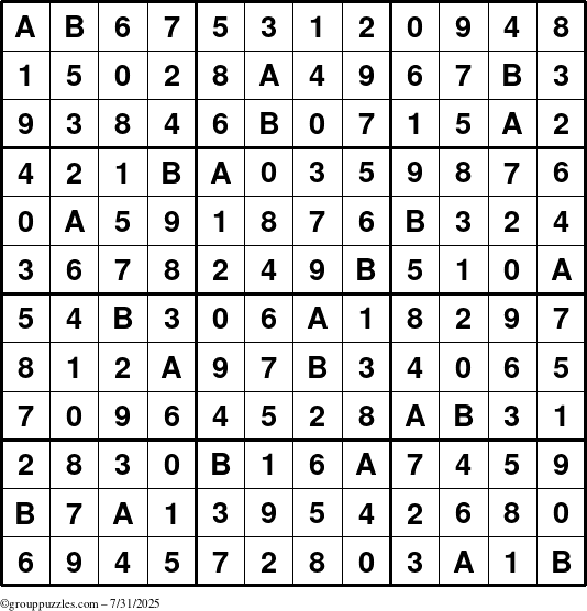 The grouppuzzles.com Answer grid for the Sudoku-12 puzzle for Thursday July 31, 2025