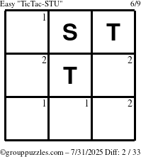 The grouppuzzles.com Easy TicTac-STU puzzle for Thursday July 31, 2025 with the first 2 steps marked