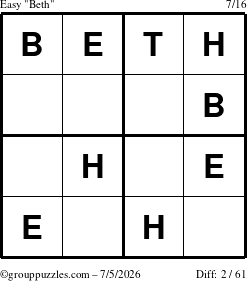 The grouppuzzles.com Easy Beth puzzle for Sunday July 5, 2026