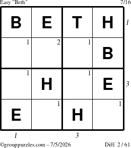 The grouppuzzles.com Easy Beth puzzle for Sunday July 5, 2026 with all 2 steps marked