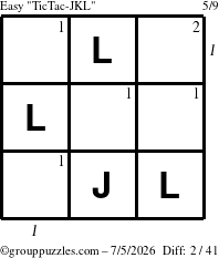 The grouppuzzles.com Easy TicTac-JKL puzzle for Sunday July 5, 2026 with all 2 steps marked
