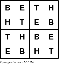 The grouppuzzles.com Answer grid for the Beth puzzle for Sunday July 5, 2026
