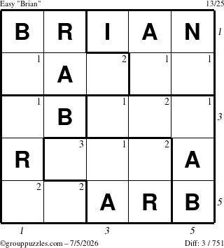 The grouppuzzles.com Easy Brian puzzle for Sunday July 5, 2026, suitable for printing, with all 3 steps marked