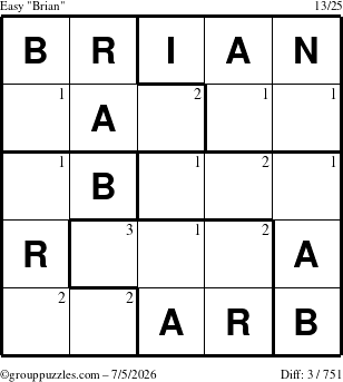 The grouppuzzles.com Easy Brian puzzle for Sunday July 5, 2026 with the first 3 steps marked