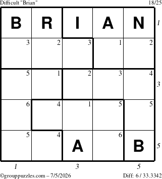 The grouppuzzles.com Difficult Brian puzzle for Sunday July 5, 2026, suitable for printing, with all 6 steps marked