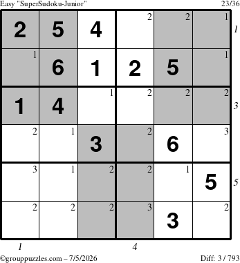 The grouppuzzles.com Easy SuperSudoku-Junior puzzle for Sunday July 5, 2026 with all 3 steps marked