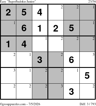 The grouppuzzles.com Easy SuperSudoku-Junior puzzle for Sunday July 5, 2026 with the first 3 steps marked