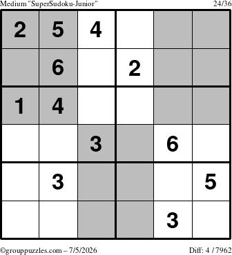 The grouppuzzles.com Medium SuperSudoku-Junior puzzle for Sunday July 5, 2026