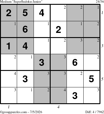 The grouppuzzles.com Medium SuperSudoku-Junior puzzle for Sunday July 5, 2026 with all 4 steps marked