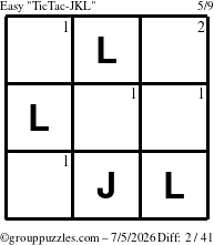 The grouppuzzles.com Easy TicTac-JKL puzzle for Sunday July 5, 2026 with the first 2 steps marked