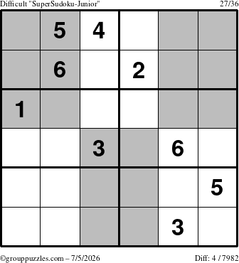 The grouppuzzles.com Difficult SuperSudoku-Junior puzzle for Sunday July 5, 2026