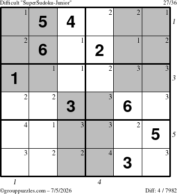 The grouppuzzles.com Difficult SuperSudoku-Junior puzzle for Sunday July 5, 2026 with all 4 steps marked