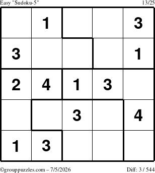 The grouppuzzles.com Easy Sudoku-5 puzzle for Sunday July 5, 2026