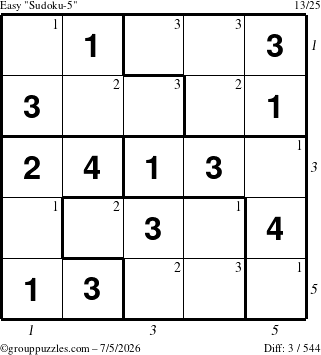 The grouppuzzles.com Easy Sudoku-5 puzzle for Sunday July 5, 2026, suitable for printing, with all 3 steps marked