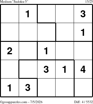 The grouppuzzles.com Medium Sudoku-5 puzzle for Sunday July 5, 2026