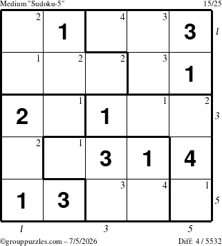 The grouppuzzles.com Medium Sudoku-5 puzzle for Sunday July 5, 2026 with all 4 steps marked