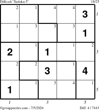 The grouppuzzles.com Difficult Sudoku-5 puzzle for Sunday July 5, 2026 with all 4 steps marked