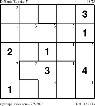The grouppuzzles.com Difficult Sudoku-5 puzzle for Sunday July 5, 2026 with the first 3 steps marked
