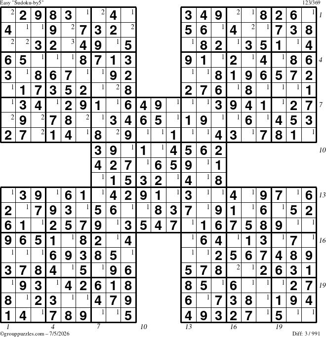 The grouppuzzles.com Easy Sudoku-by5 puzzle for Sunday July 5, 2026 with all 3 steps marked