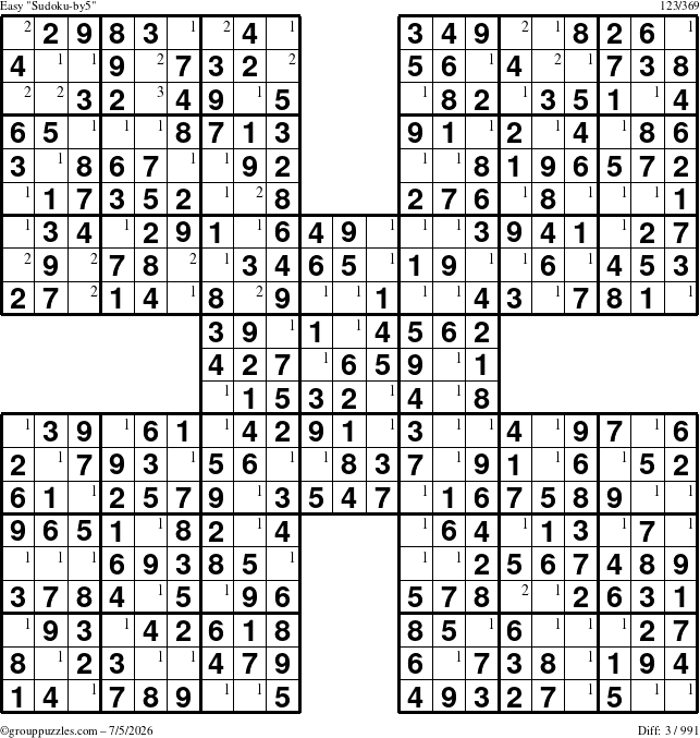 The grouppuzzles.com Easy Sudoku-by5 puzzle for Sunday July 5, 2026 with the first 3 steps marked