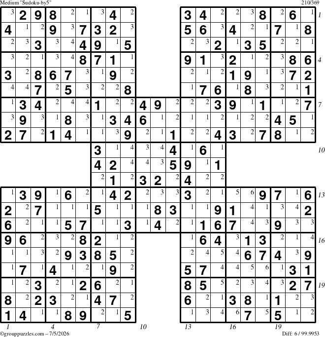 The grouppuzzles.com Medium Sudoku-by5 puzzle for Sunday July 5, 2026 with all 6 steps marked