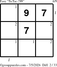 The grouppuzzles.com Easy TicTac-789 puzzle for Sunday July 5, 2026 with all 2 steps marked