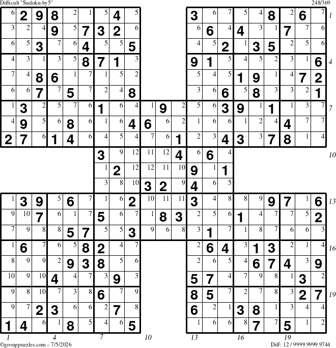 The grouppuzzles.com Difficult Sudoku-by5 puzzle for Sunday July 5, 2026, suitable for printing, with all 12 steps marked