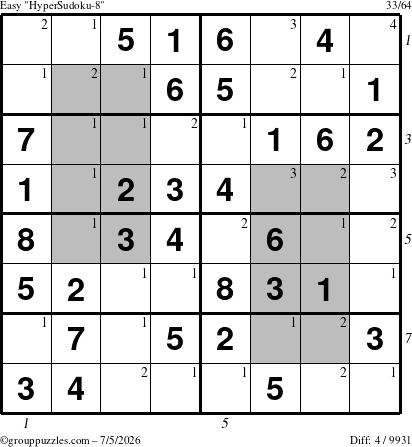 The grouppuzzles.com Easy HyperSudoku-8 puzzle for Sunday July 5, 2026 with all 4 steps marked