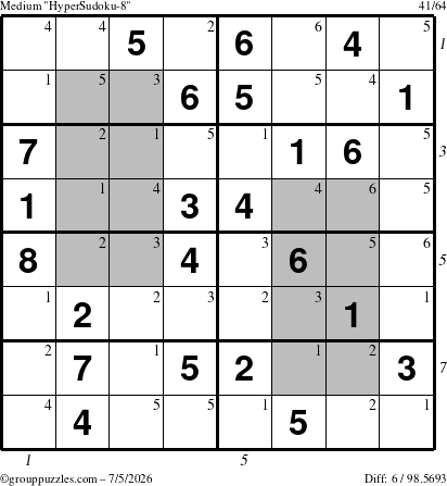 The grouppuzzles.com Medium HyperSudoku-8 puzzle for Sunday July 5, 2026, suitable for printing, with all 6 steps marked