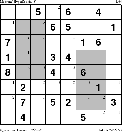 The grouppuzzles.com Medium HyperSudoku-8 puzzle for Sunday July 5, 2026 with the first 3 steps marked