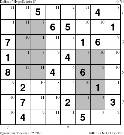 The grouppuzzles.com Difficult HyperSudoku-8 puzzle for Sunday July 5, 2026 with all 12 steps marked