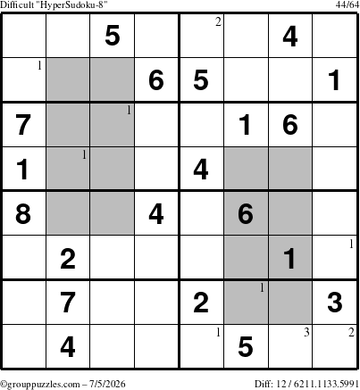 The grouppuzzles.com Difficult HyperSudoku-8 puzzle for Sunday July 5, 2026 with the first 3 steps marked