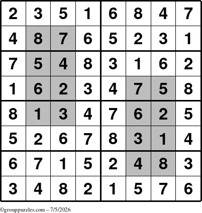 The grouppuzzles.com Answer grid for the HyperSudoku-8 puzzle for Sunday July 5, 2026